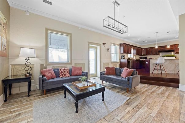 Interior, Kitchen, Living room, Pendant Lights, Recessed Lighting, Stainless Steel Appliances, Wood Texture Flooring