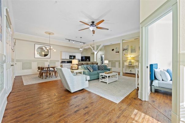 Dining room, Interior, Kitchen, Living room, Pendant Lights, Stainless Steel Appliances, Wood Texture Flooring