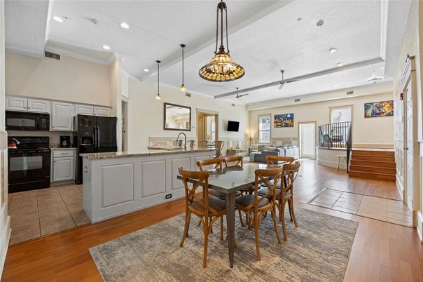 Dining room, Interior, Kitchen, Pendant Lights, Recessed Lighting, Wood Texture Flooring