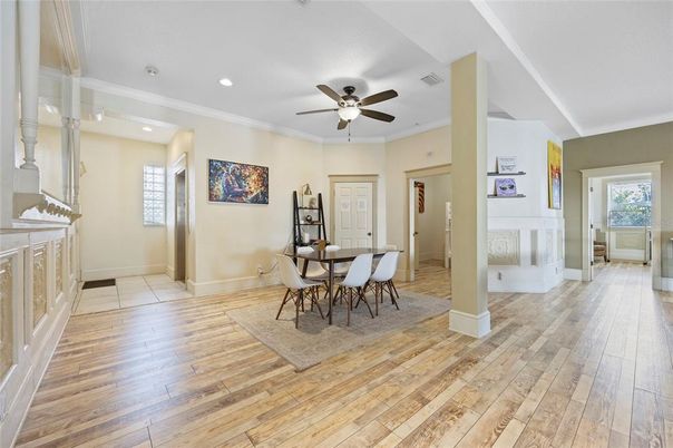 Dining room, Interior, Recessed Lighting, Wood Texture Flooring