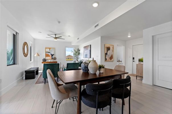 Dining room, Interior, Recessed Lighting, Wood Texture Flooring
