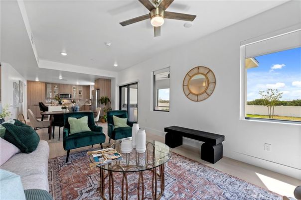Dining room, Interior, Kitchen, Living room, Recessed Lighting, Stainless Steel Appliances, Wood Texture Flooring