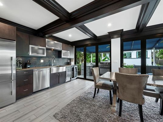 Dining room, Interior, Kitchen, Recessed Lighting, Stainless Steel Appliances, Wood Texture Flooring