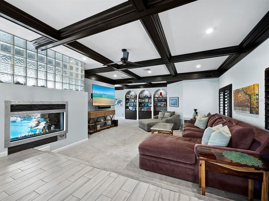 Fireplace, Interior, Living room, Recessed Lighting, Wooden Beams, Wood Texture Flooring