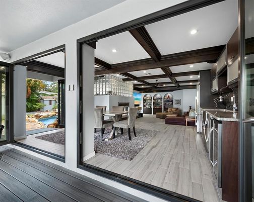 Dining room, Interior, Kitchen, Living room, Recessed Lighting, Wooden Beams, Wood Texture Flooring