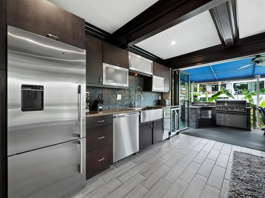 Interior, Kitchen, Recessed Lighting, Stainless Steel Appliances, Wood Texture Flooring