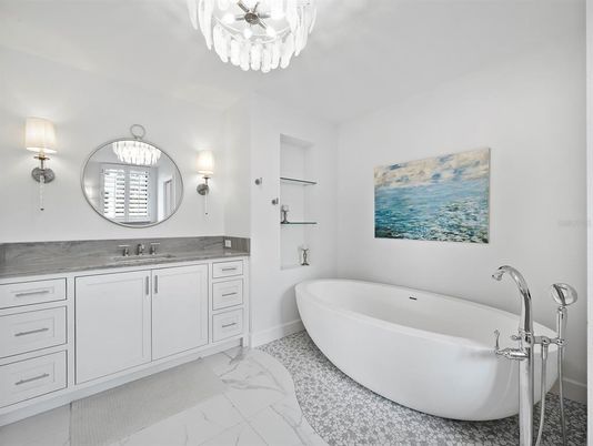 Bathroom, Chandelier, Dual Sink Vanities, Free Standing Baths, Interior, Marble
