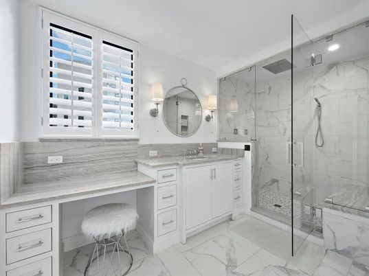 Bathroom, Glass Shower, Interior, Marble, Marble Walls, Recessed Lighting