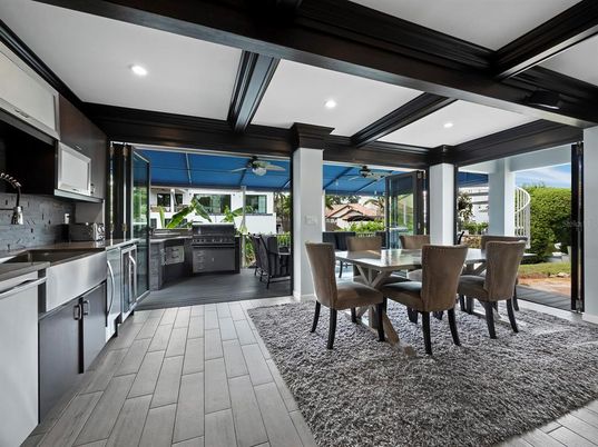Dining room, Interior, Kitchen, Recessed Lighting, Stainless Steel Appliances, Wood Texture Flooring