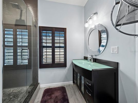 Bathroom, Glass Shower, Interior, Wood Texture Flooring