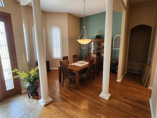 Dining room, Interior, Pendant Lights, Wood Texture Flooring