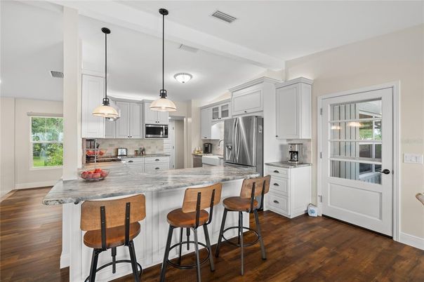 Interior, Kitchen, Pendant Lights, Stainless Steel Appliances, Wood Texture Flooring