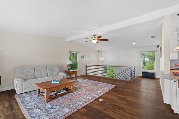 Interior, Living room, Pendant Lights, Recessed Lighting, Wood Texture Flooring