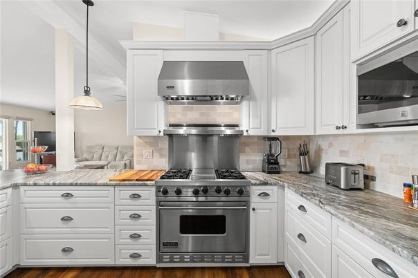 Interior, Kitchen, Pendant Lights, Stainless Steel Appliances, Wood Texture Flooring