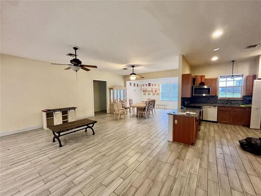 Dining room, Interior, Kitchen, Pendant Lights, Recessed Lighting, Wood Texture Flooring