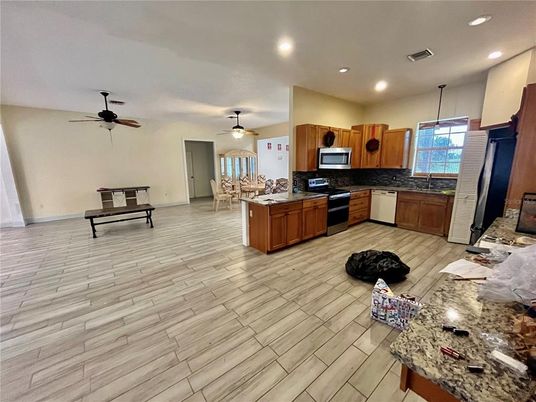 Dining room, Interior, Kitchen, Recessed Lighting, Wood Texture Flooring
