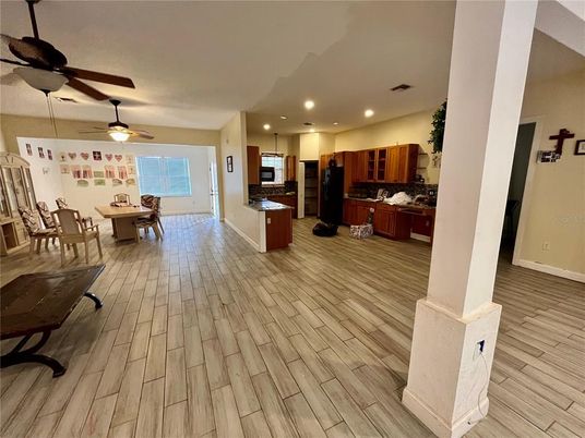 Dining room, Interior, Kitchen, Recessed Lighting, Wood Texture Flooring