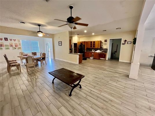 Dining room, Interior, Kitchen, Recessed Lighting, Wood Texture Flooring