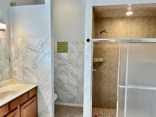 Bathroom, Glass Shower, Interior, Marble Walls, Recessed Lighting