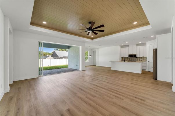 Empty room, Interior, Kitchen, Recessed Lighting, Wood Texture Flooring