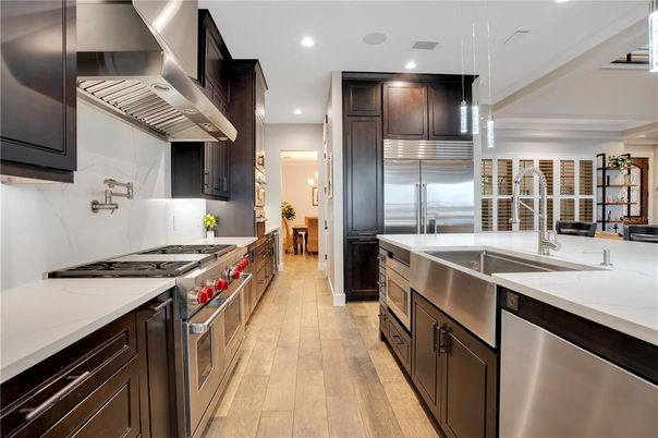 Interior, Kitchen, Pendant Lights, Recessed Lighting, Stainless Steel Appliances, Wood Texture Flooring