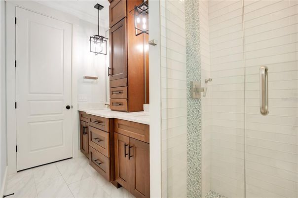 Bathroom, Glass Shower, Interior, Marble, Pendant Lights