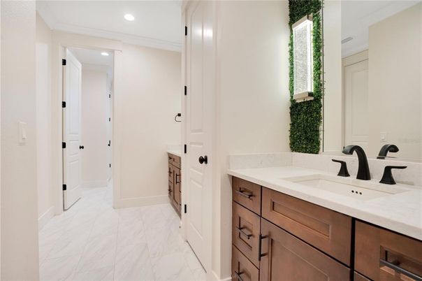 Bathroom, Dual Sink Vanities, Interior, Marble, Recessed Lighting