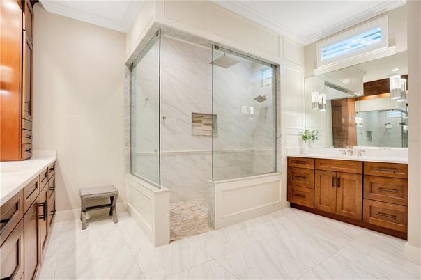 Bathroom, Glass Shower, Interior, Marble, Marble Walls, Recessed Lighting