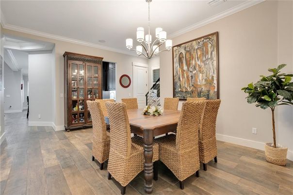Chandelier, Dining room, Interior, Wood Texture Flooring
