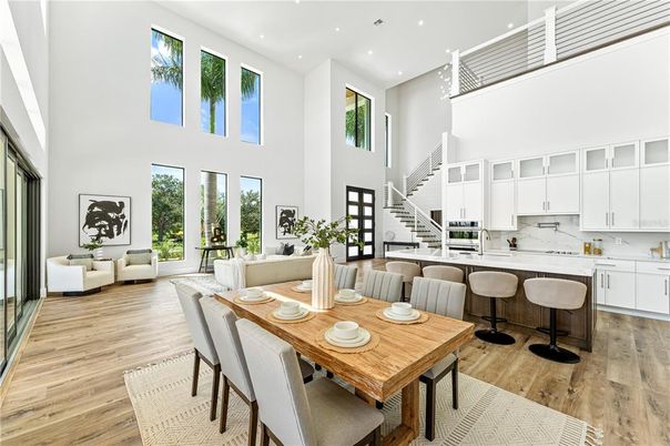 Dining room, Interior, Kitchen, Living room, Recessed Lighting, Wood Texture Flooring