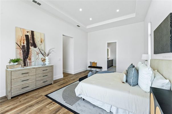 Bedroom, Interior, Recessed Lighting, Wood Texture Flooring