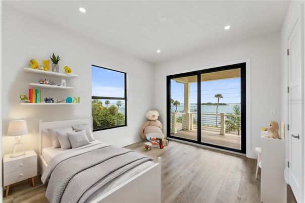 Bedroom, Interior, Recessed Lighting, Water, Wood Texture Flooring
