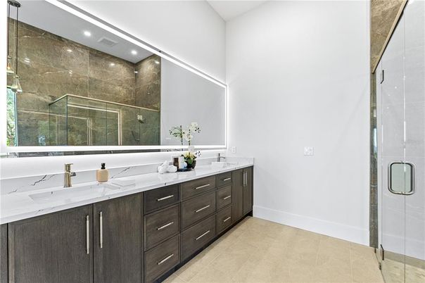 Bathroom, Dual Sink Vanities, Glass Shower, Interior, Recessed Lighting