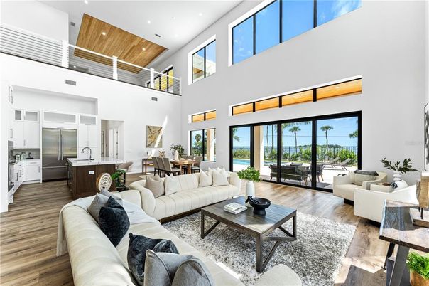 Dining room, Interior, Kitchen, Living room, Recessed Lighting, Wooden Ceilings, Wood Texture Flooring