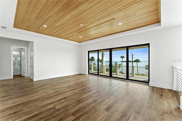 Empty room, Interior, Recessed Lighting, Water, Wooden Ceilings, Wood Texture Flooring