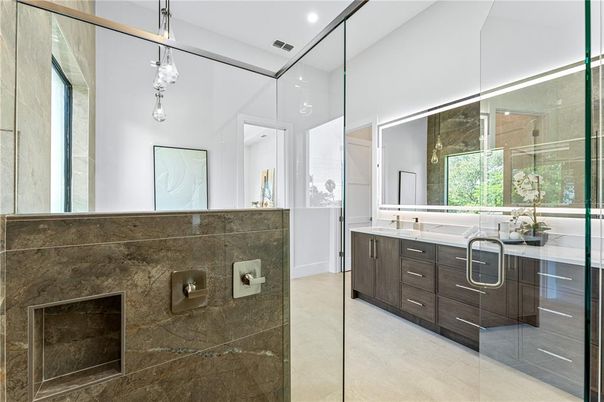 Bathroom, Dual Sink Vanities, Glass Shower, Interior, Pendant Lights, Recessed Lighting