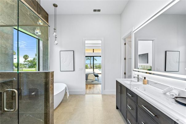 Bathroom, Dual Sink Vanities, Free Standing Baths, Glass Shower, Interior, Pendant Lights