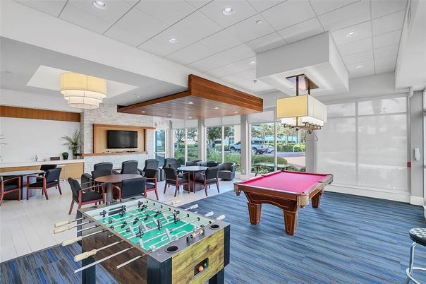 Billiard Table, Chandelier, Dining room, Game Room, Interior, Recessed Lighting, Wood Texture Flooring