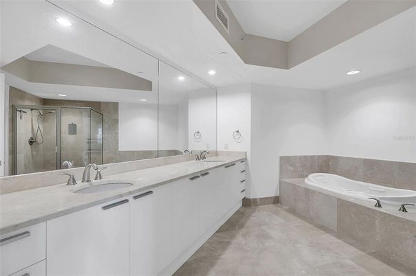 Bathroom, Dual Sink Vanities, Glass Shower, Interior, Recessed Lighting