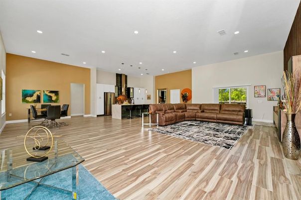 Dining room, Interior, Kitchen, Living room, Recessed Lighting, Wood Texture Flooring