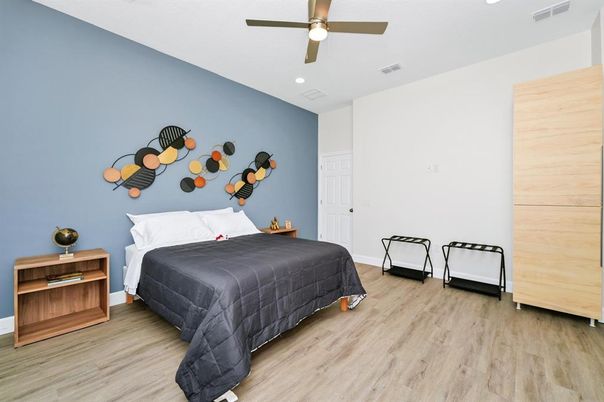 Bedroom, Interior, Recessed Lighting, Wood Texture Flooring