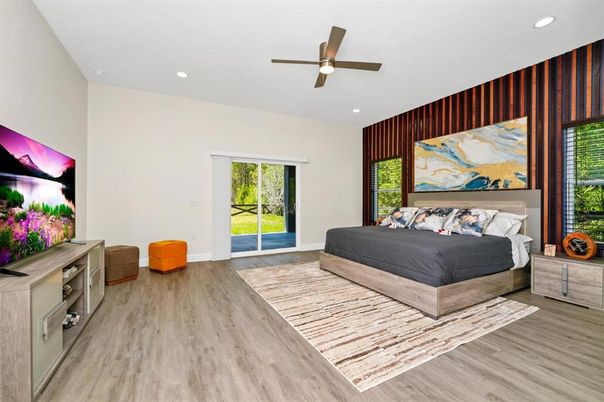 Bedroom, Interior, Recessed Lighting, Wood Texture Flooring