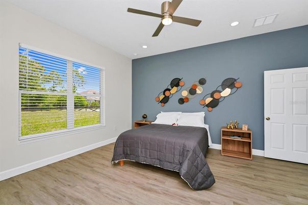 Bedroom, Interior, Recessed Lighting, Wood Texture Flooring