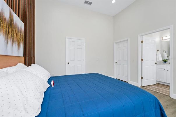 Bedroom, Interior, Recessed Lighting, Wood Texture Flooring