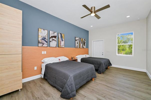 Bedroom, Interior, Recessed Lighting, Wood Texture Flooring