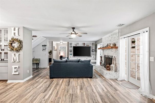 Fireplace, Interior, Living room, Stone Walls, Wood Texture Flooring