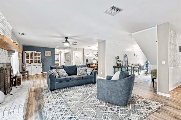 Fireplace, Interior, Kitchen, Living room, Wood Texture Flooring