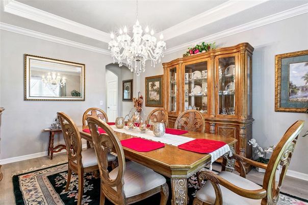 Chandelier, Dining room, Interior, Wood Texture Flooring