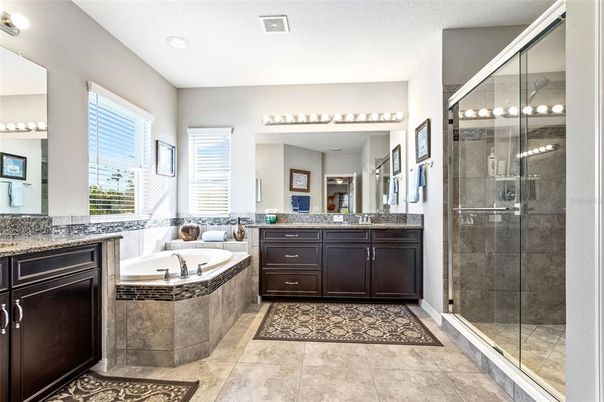 Bathroom, Dual Sink Vanities, Glass Shower, Interior, Recessed Lighting