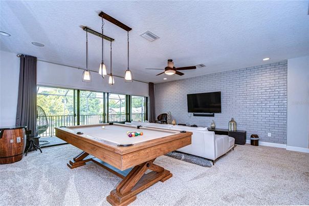 Billiard Table, Game Room, Interior, Pendant Lights, Recessed Lighting, Stone Walls